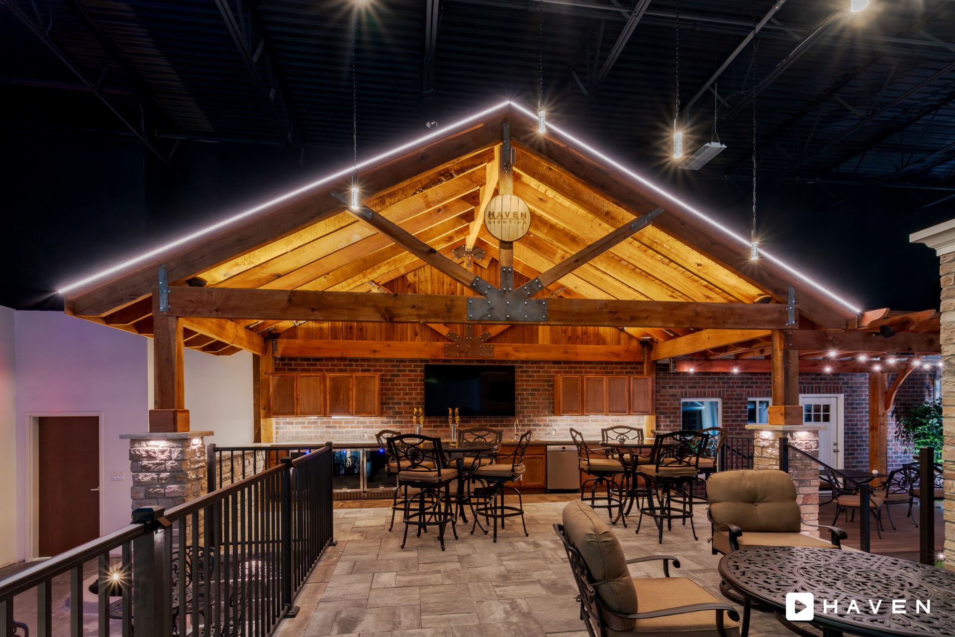 Outdoor pavilion with integrated commercial lighting
